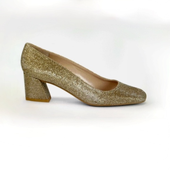 Stuart Weitzman Gold Marymid Snake Metallic Block Heel Square sz 7B Retail $350 - Picture 1 of 9